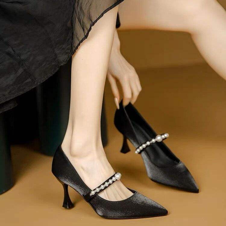 High heels women's 2025 new beige pointed Mary Jane small heels single shoes French bride shoes bridesmaid wedding shoes