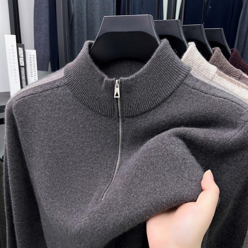 Hengyuanxiang Men's 100% Pure Wool Half-Zip Crew Neck Sweater - 2025 Autumn/Winter Warm Knitwear