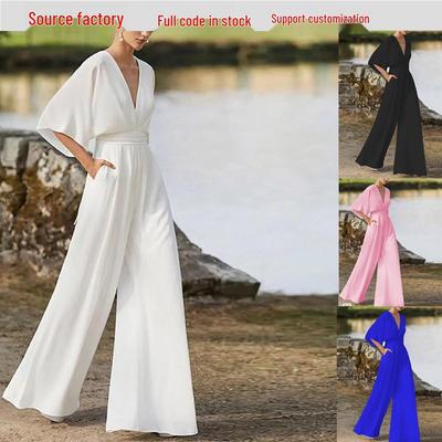 2025 Spring/Summer Solid Color New Chinese Style Asymmetrical Placket Mid-Waist Jumpsuit