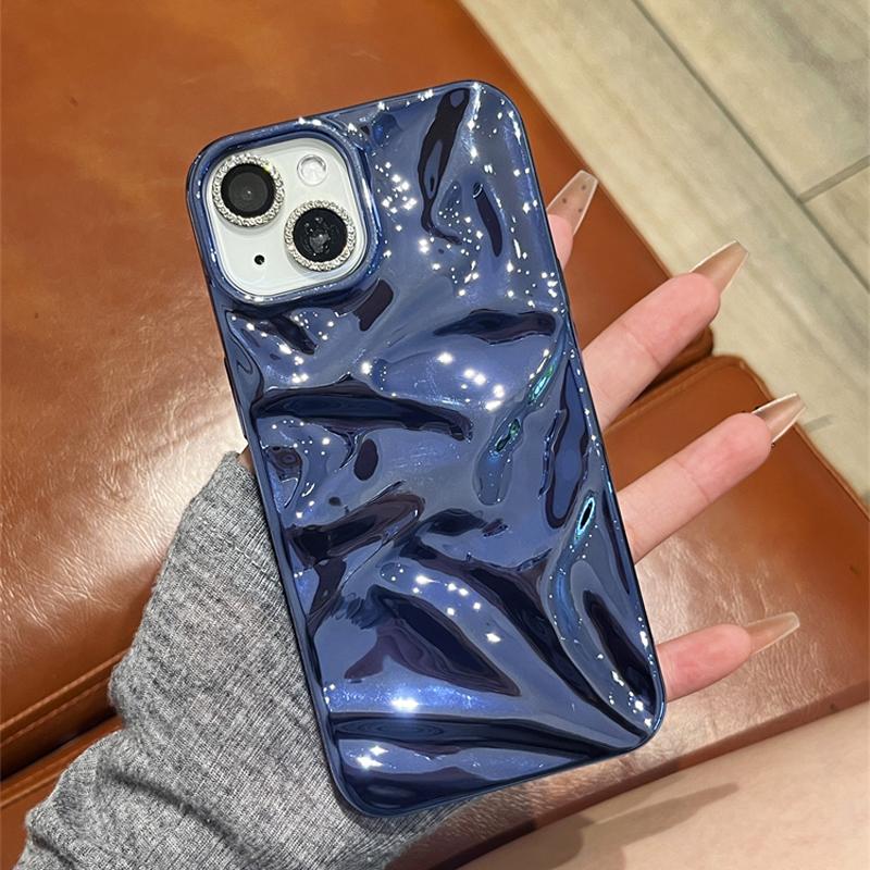 Ins Plating 3D Wrinkled Pattern Phone Case For iPhone 16 15 14 Plus 13 12 Pro Max 11 Wave Texture Soft Shockproof Cover