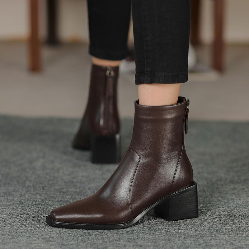 Krazing Pot Jarní zimní boty z hovězí kůže Silné vysoké podpatky Chelsea Boots Dámské kotníkové boty na zip