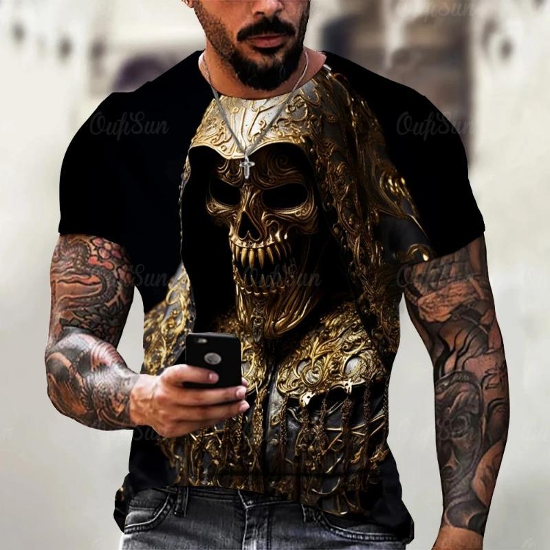 Summer Men'S T-Shirt Retro Horror 3D Skull Print Classic Casual O Neck Short Sleeve Fashion Loose Oversized Top T Shirt For Men