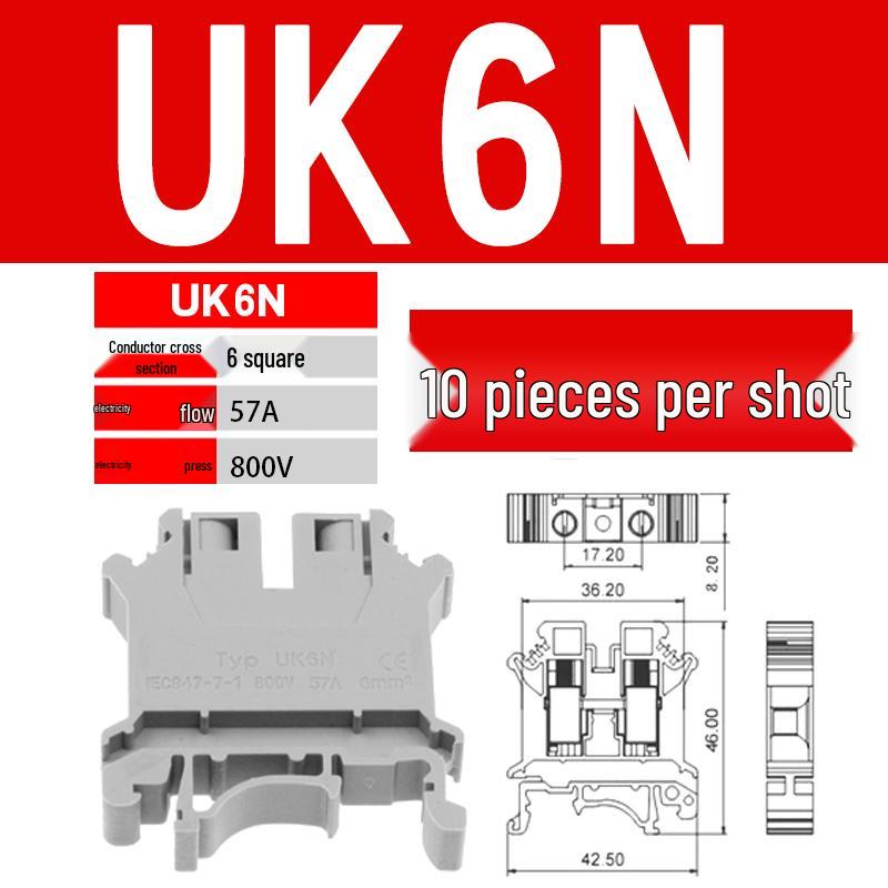 UK 2.5B/5/6/10N Rail Mount Terminal Block with Non-Stripping Screw Clip