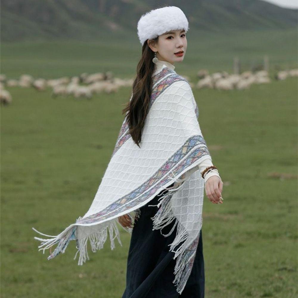 Stripe Knitted Cape Printing Tassel Scarves Simple Ethnic Style Scarf  Autumn Winter