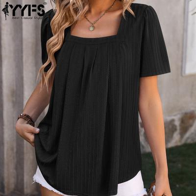 Women's Fashion Casual Summer Spring Solid Color Print Short Sleeve Square Collar Blouses & Shirts