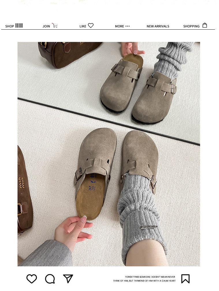 Boken 2024 Autumn Women's Genuine Leather Cork Mule Slippers: Closed-Toe Cow Suede, Flat Bottom, Outdoor Wear.