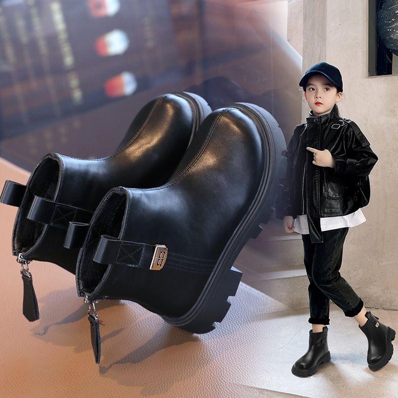 Girls boots 2025 new autumn and winter foreign style Martin boots little girl fashion leather boots children's velvet short boots