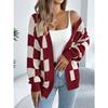GMXIA Autumn and Winter Color-blocking Checkered Lantern Sleeve Cardigan Sweater Mid-length Coat Women's Wear