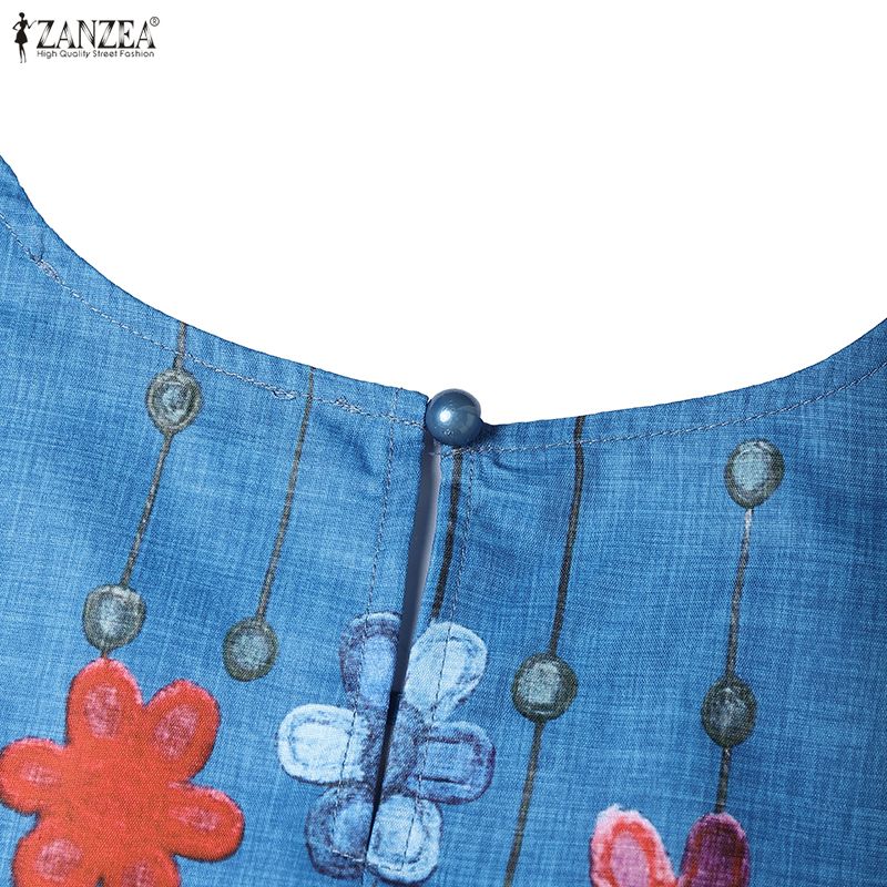 ZANZEA Women Casual Round Neck 3/4 Sleeve Loose Floral Print Blouse