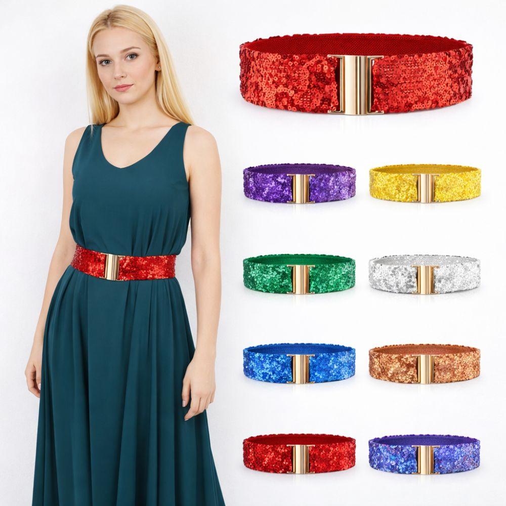 Cintura Elastica con Fibbia Dorata a Disco, Lurex e Paillettes, 60cm, da Donna, Fashion, Lucida, per Abiti