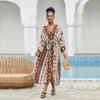 EDOLYNSA 2023 Boho Printed Bikini Cover-ups Elegant Self Belted Kimono Dress Tunic Women Plus Size Beach Wear Swim Suit Cover Up Q1228