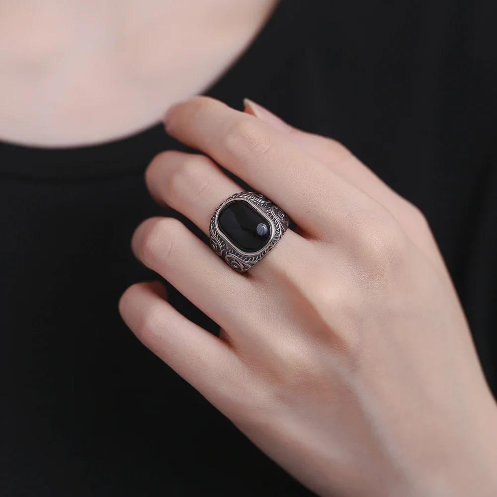 Natural 10*15mm Big Black Agate Stone Vintage Ring For Women Men Lover's Luxury  Party Marcasite Jewelry Party Gifts