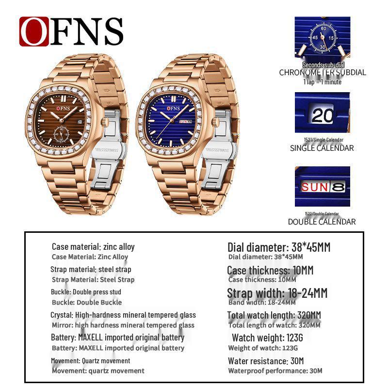 OFNS Men's Classic Quartz Watch: Square Diamond-Inlaid Dial, Dual Calendar, Waterproof, Two-Hand Design