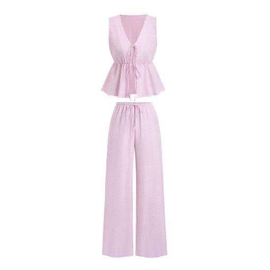 

Women s Striped 2 Piece Outfits Tie Front Ruffle Tank Top And Wide Leg Pants Sets Summer Casual Sleeveless Lounge L