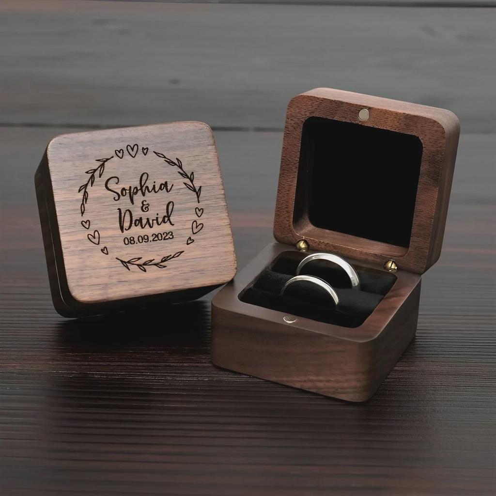 Walnut Solid Wood Double Groove Ring Box with Laser Pattern for Engagement or Proposal Rings
