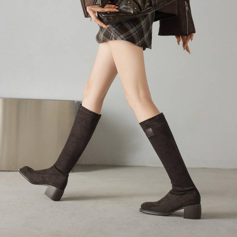 Korean version of large size elastic suede tall boots comfortable solid color rubber sole medium heel autumn and winter round head square heel