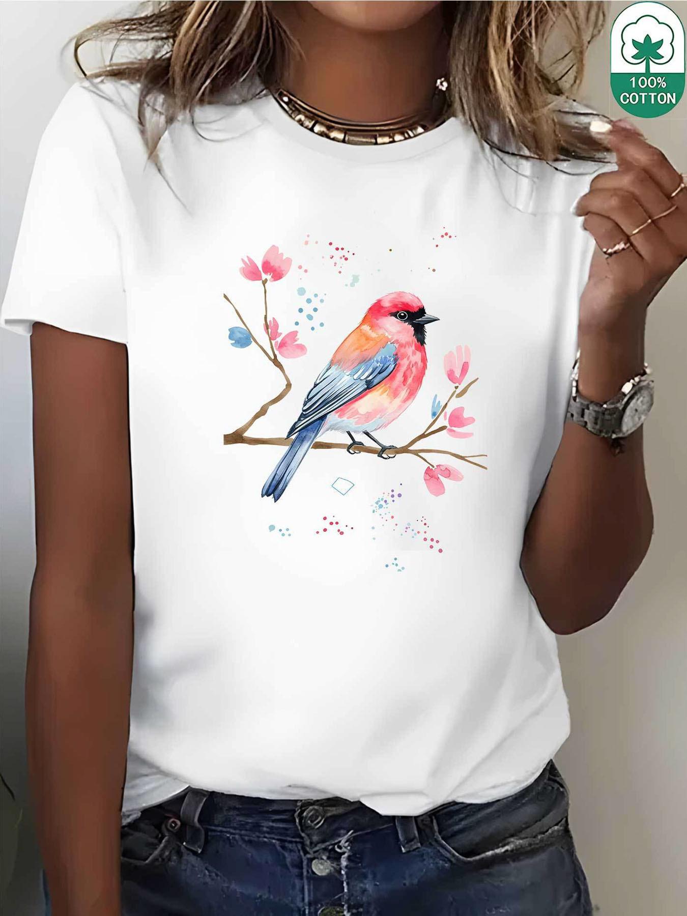 

This Soft T-Shirt Showcases A Lovely Bird Branch Print, Making It A Lightweight, Comfortable, and Stylish Choice for Casual Wear or Travel. S белый