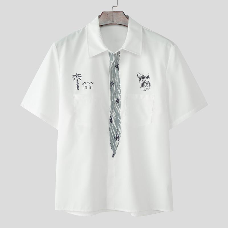 

INCERUN Oversized Men Lapel Neck Short Sleeve Buttons Funny Print Casual Loose Shirts 4XL белый