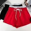 Letter-printed High-waisted Slimming Faux Two-piece Drawstring Elastic Shorts Casual Women's Pants Hot Pants