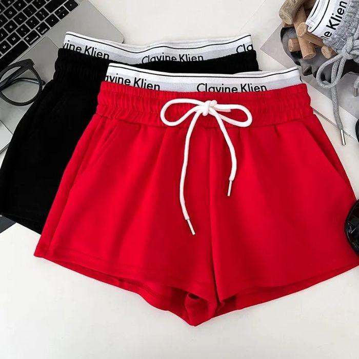 

Letter-printed high-waisted slimming faux two-piece drawstring elastic shorts casual women s pants hot pants XL червоний