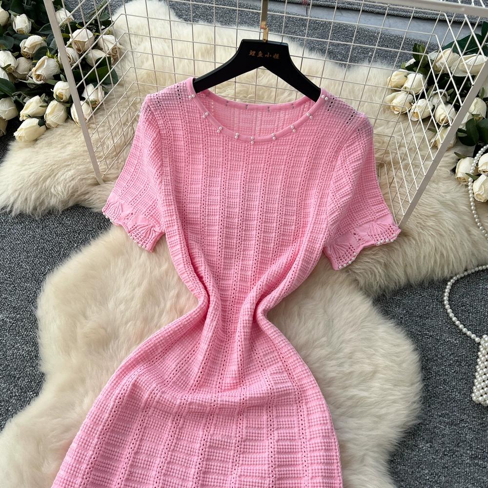 Spring Summer Women Casual Short Sleeve Beading Hollow Out Knitted Sweater Long Maxi Dresses