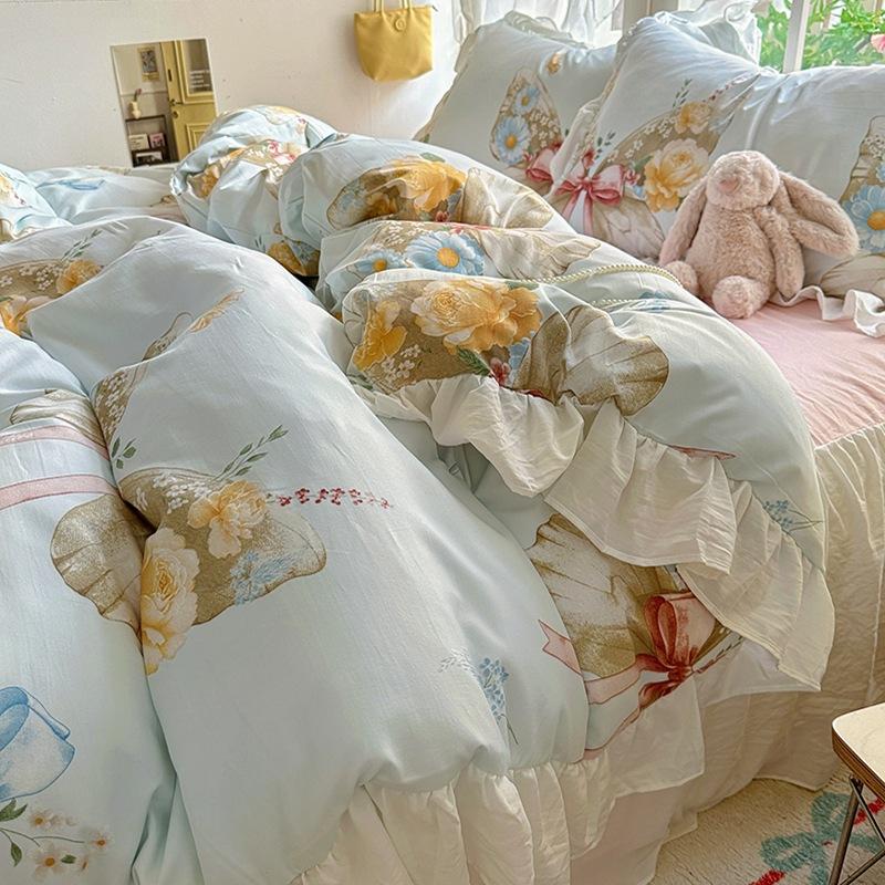 Small Fresh Pure Cotton Four-piece Set Lace Korean Version Princess Style Washed Cotton Bed Skirt Quilt Cover Cream Style Bedding