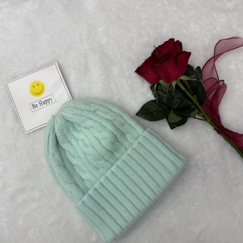 New rabbit fur knitted hat women's solid color twist wool hat winter outdoor warm single-layer ear protection pullover hat