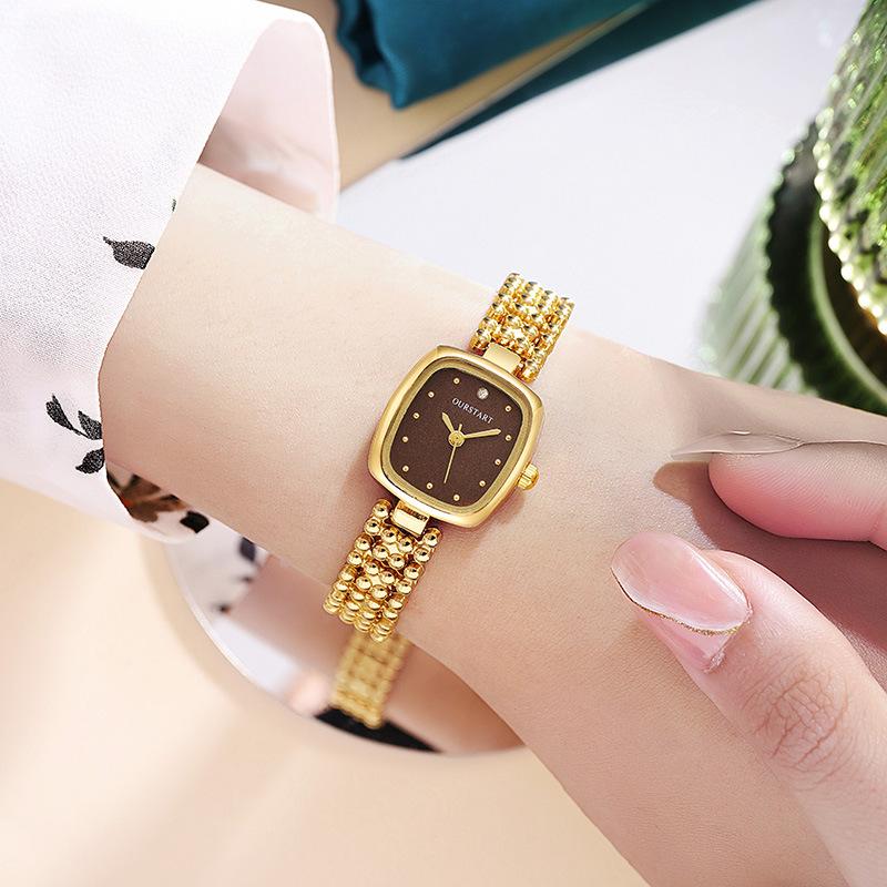 Fashion Retro Square Gold Watch High Quality Women Bracelet Watches Luxury Bead Link Strap Wristwatches Ladies Clock Gifts