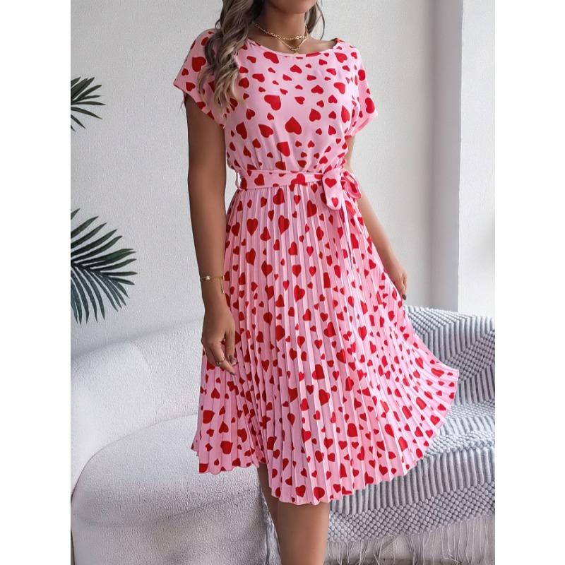 

Spring Summer O Neck Printed Casual Short Sleeved Pleated Women Dress Loose Fashion Elegant A-line Party Lace-up Dresses Simple Women s Clothing XL рожевий
