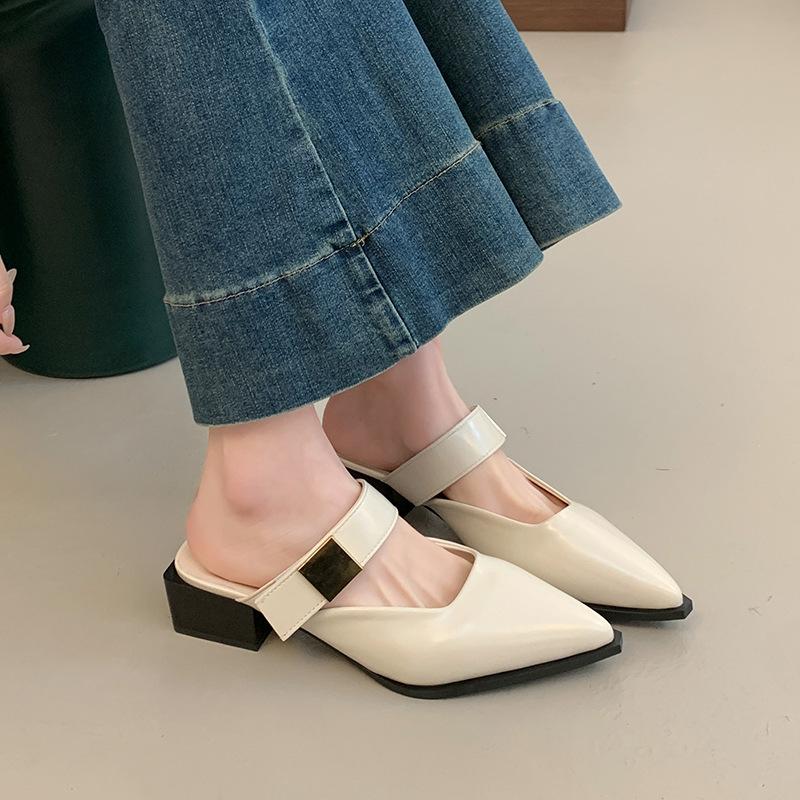 Retro medium heel bag head half slippers women's shoes wear 2025 new summer Korean version small leather shoes Mary Jane shoes