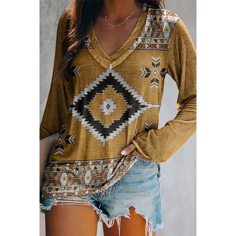 

Женская футболка с графическим геометрическим этническим узором, элегантная модная футболка с длинным рукавом, футболки с V-образным вырезом, обычные топы, пуловер, осень-зима XL