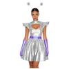 Womens Alien Astronaut Cosplay Dress with Gloves and Hair Loop Set Cutout Neck Metallic Shiny Dress for Halloween Spaced Themed Party