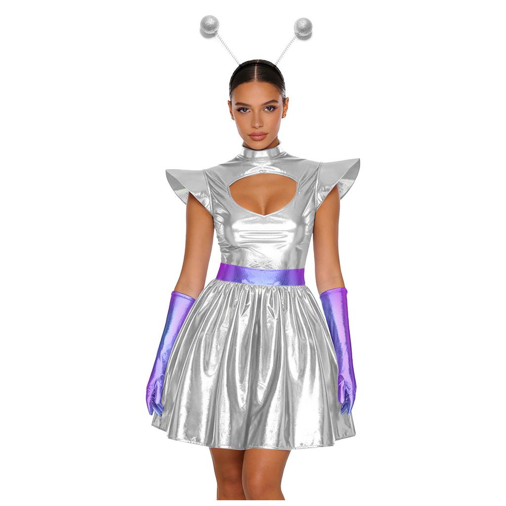 Womens Alien Astronaut Cosplay Dress with Gloves and Hair Loop Set Cutout Neck Metallic Shiny Dress for Halloween Spaced Themed Party