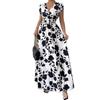 2025 Women's V-Neck Short Sleeve Tie-Up Dress with New Print - Spring/Summer Waist-Cinching Long Dress