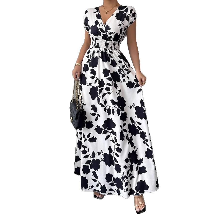 2025 Women's V-Neck Short Sleeve Tie-Up Dress with New Print - Spring/Summer Waist-Cinching Long Dress