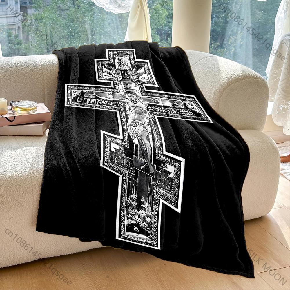 1PC Three horizontal crosses Faith-printed Flannel Blanket Soft and Warm Suitable for Home Travel Picnics Camping and RV Use