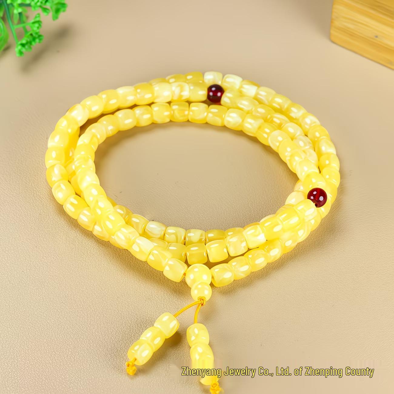 

Premium Imitation Amber & White Flower Honey 108 Beads Buddhist Prayer Bracelet - 7x8mm High-End Handicraft жовтий