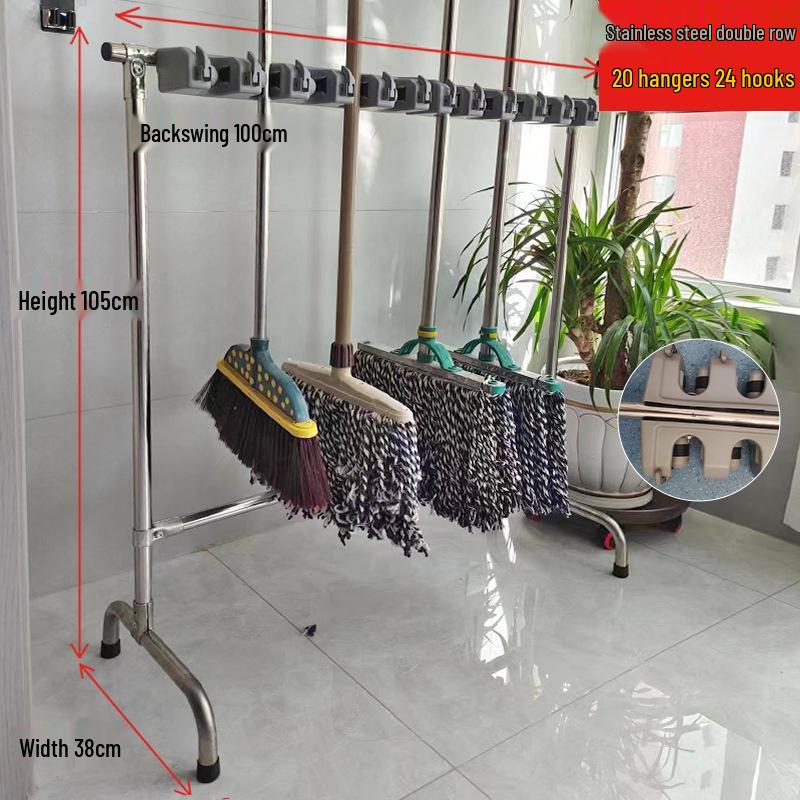 Movable Stainless Steel Mop & Broom Hanger - Floor-Standing Punch-Free Storage Rack for Balcony & Bathroom