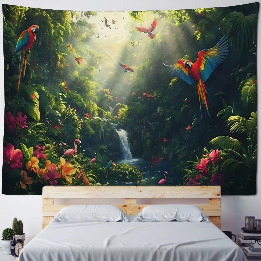 VIKAMA Tropischer Regenwald Wandteppich Ara Wasserfall Flamingo Dynamische Gruppe Schlafzimmer BB Dekoration