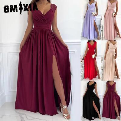 Moda feminina verão primavera cor sólida estampa sem mangas com decote em v vestidos casuais