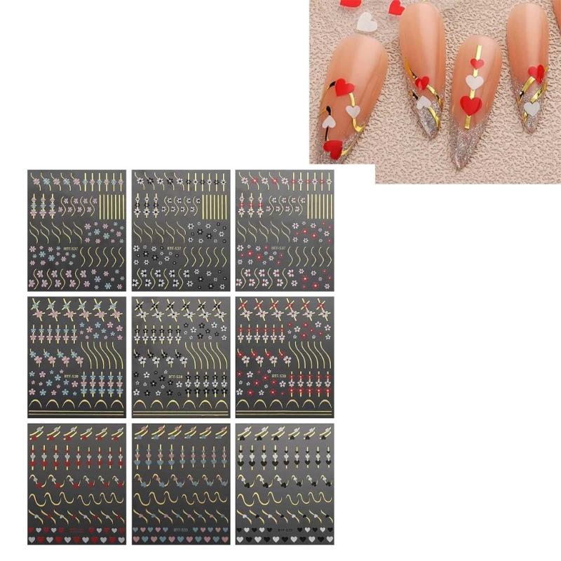 Flower Nail Stickers,Adhesive 3D Nail Decals Lines Heart Nail Art Stickers Summer Nail Design Nail Art Accessories