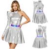 Women Halloween Cosplay Dress 80s Disco Metallic Mock Neck One Shoulder Long Sleeve Back Zip Asymmetrical Gown for Party