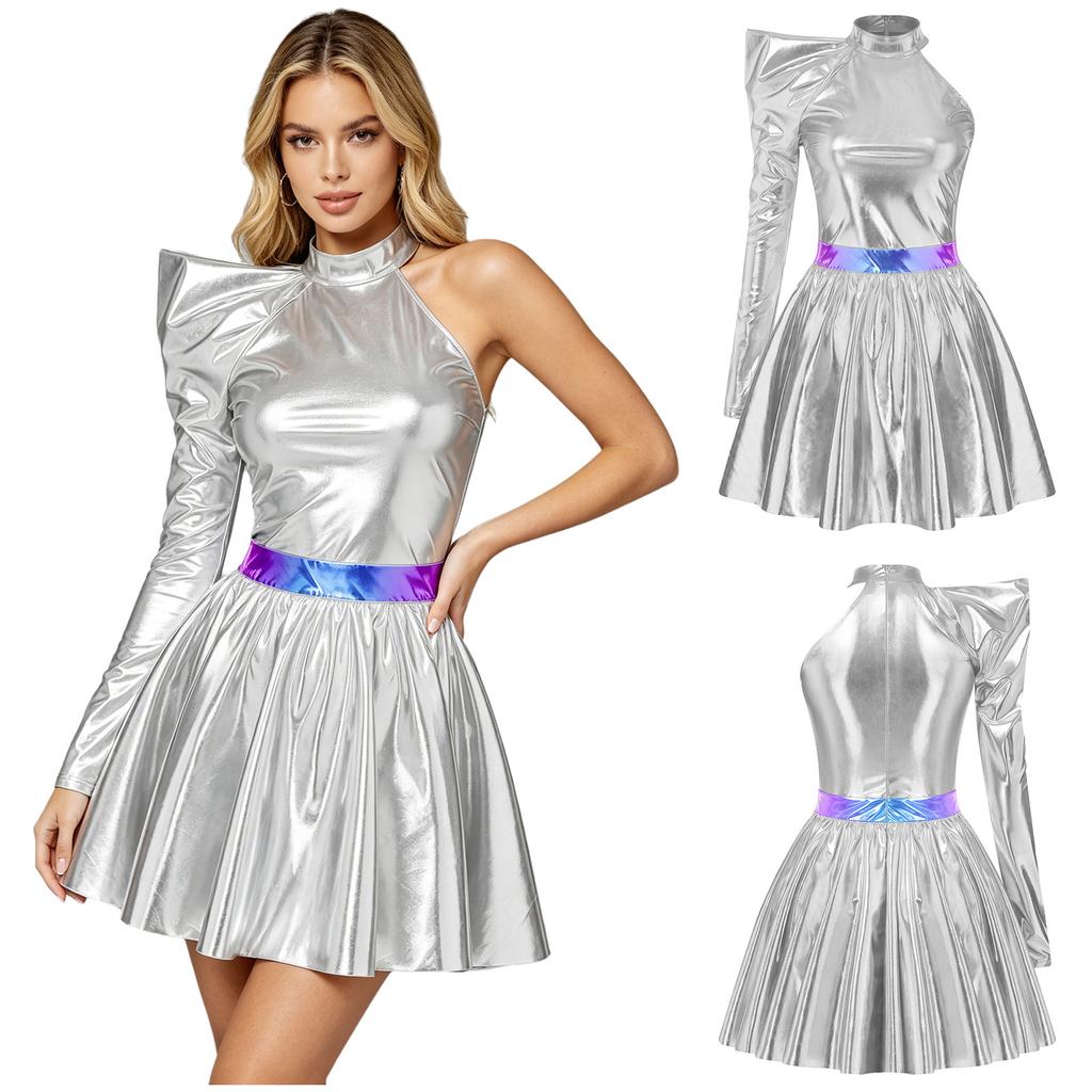 Women Halloween Cosplay Dress 80s Disco Metallic Mock Neck One Shoulder Long Sleeve Back Zip Asymmetrical Gown for Party