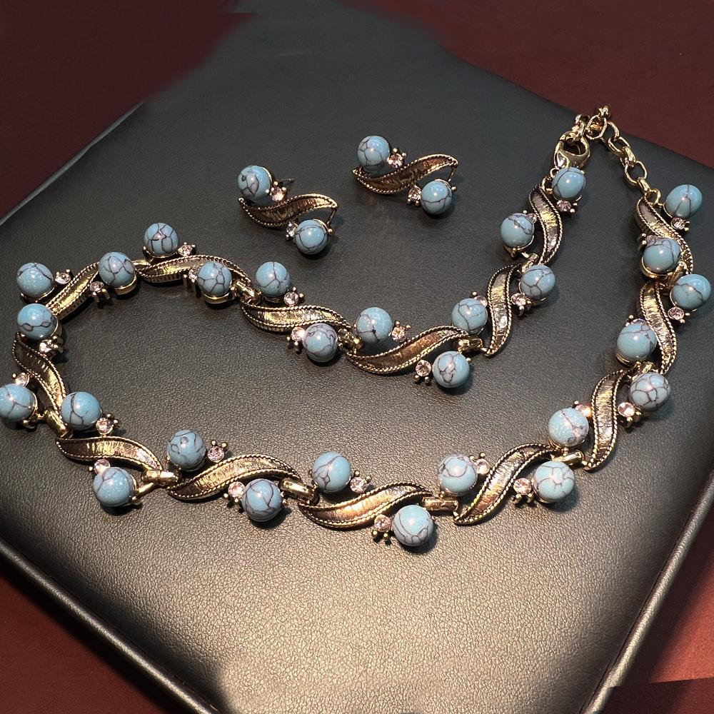 Französischer Türkis Altes Retro Schmuckset Hoher Sinn Vielseitige Halskette Ohrringe
