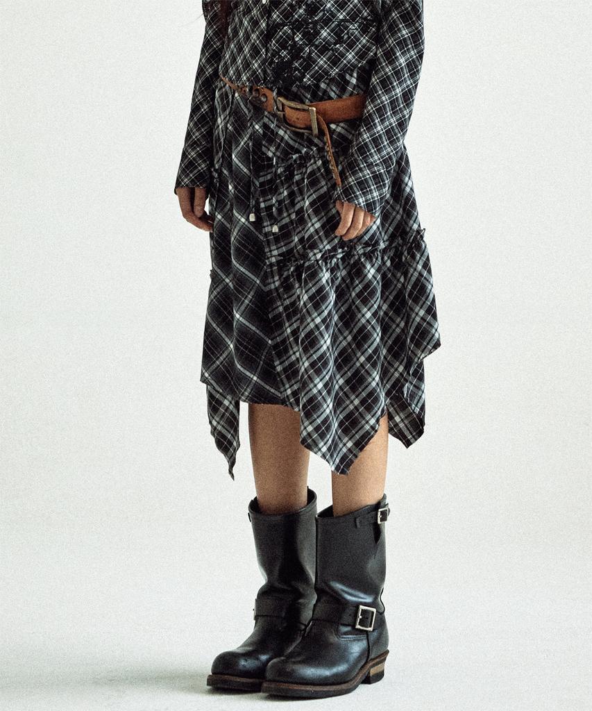 The Vinyl House Unbalance Layered Check Skirt (W) Black