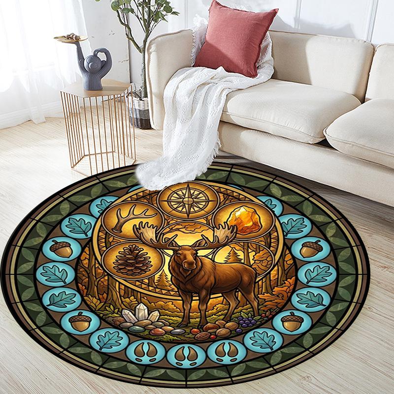 Forest Wildlife Glass Round Area Rug Under Office Chairs Bedroom Living Room Home Decor