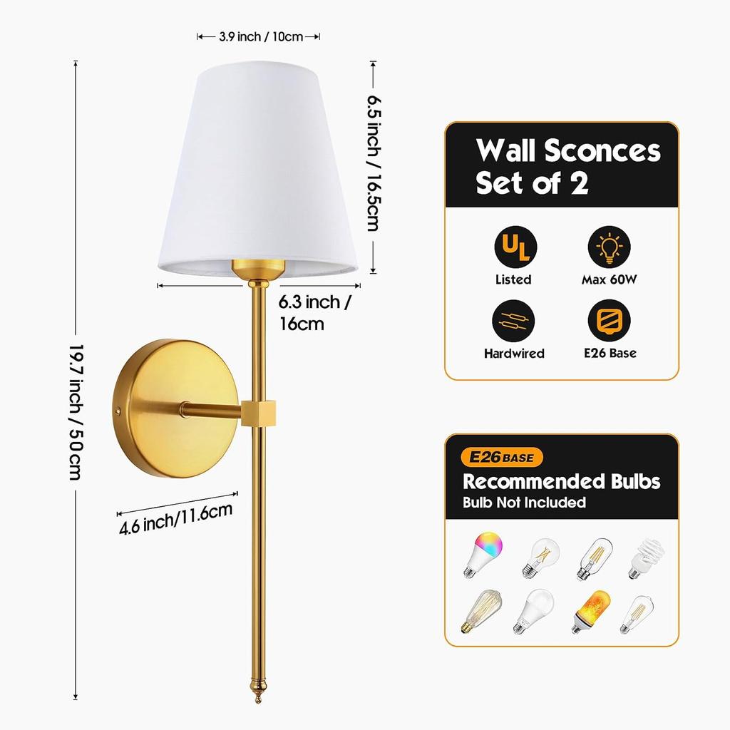 Wall Sconces Sets of 2, Retro Industrial Wall Lamps, Vanity Sconces Wall Lighting with White Fabric Shades, Wall Lights Suitable for Bathroom Bedroom