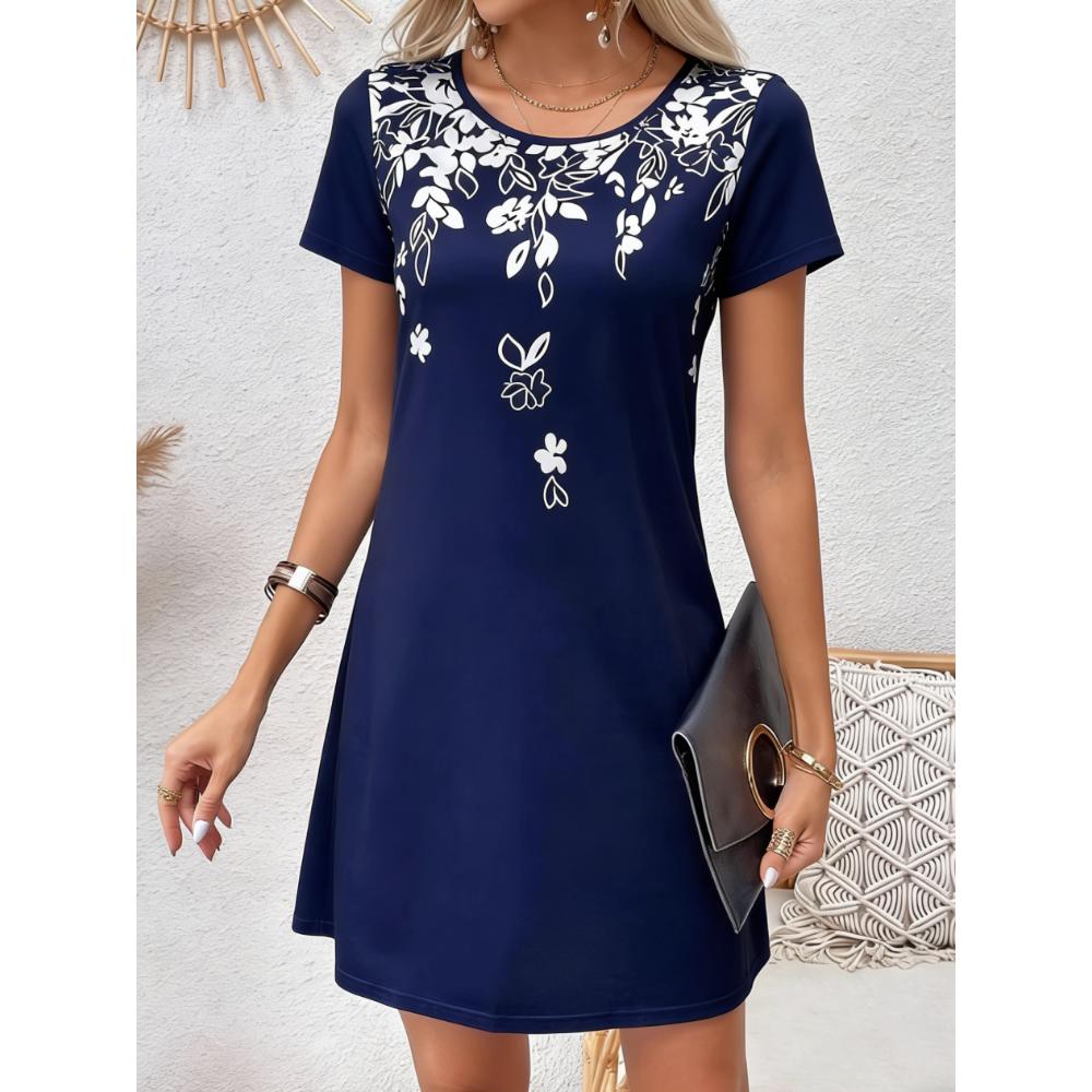 Damen Casual Blumenmuster Minikleid Vintage Rundhals Kurzarm Modisch Boho Freizeitkleider