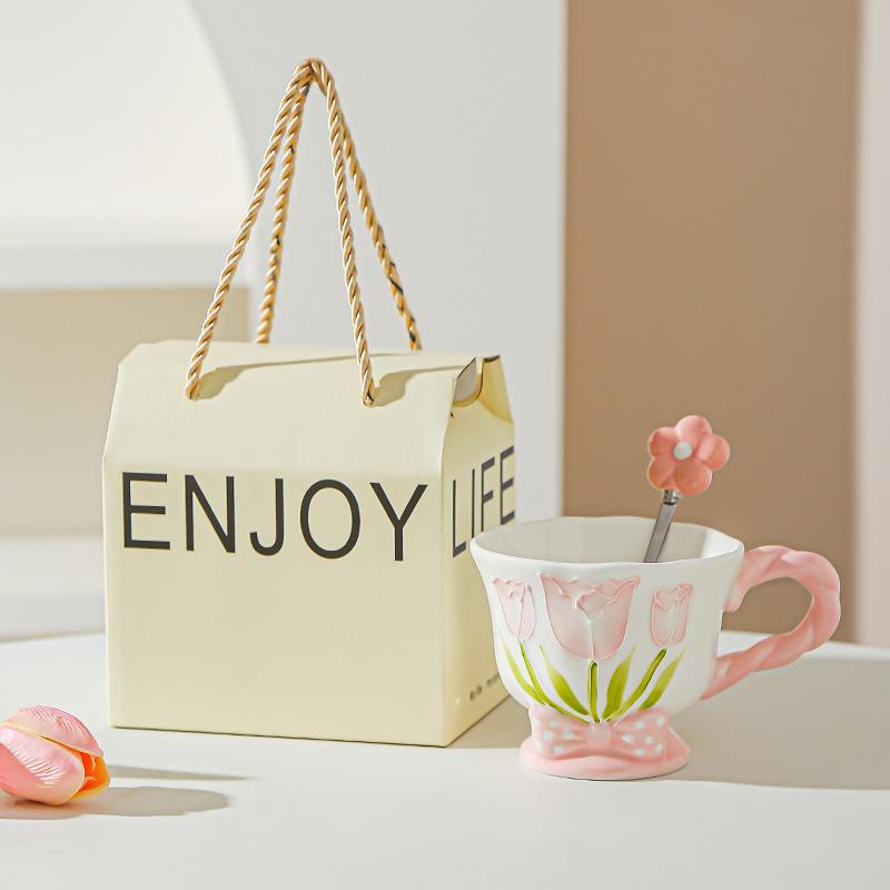 Tulip Ceramic Cup Hand Painted Relief High Looking Coffee Cup Mug Girl Heart Home Water Cup Souvenir