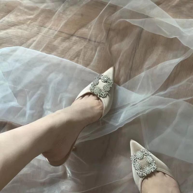 Sun Zhihui Summer New Sandals Rhinestone Pointed Square Buckle Bag Head Thin Heel High Heels Wear Half Drag Women